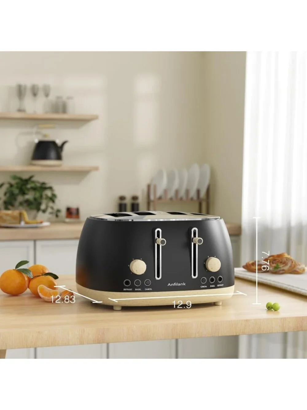 4 Slice Matt Black Retro Stainless Steel Extra Wide Slots Cancel Toaster